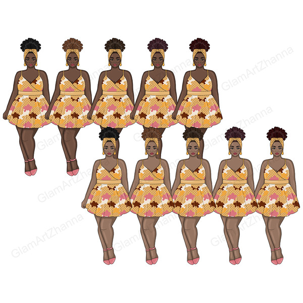 Set of pastel retro groove clipart with girls with ice cream. African American body positive girls in retro dresses with a waffle cup and strawberry, vanilla an