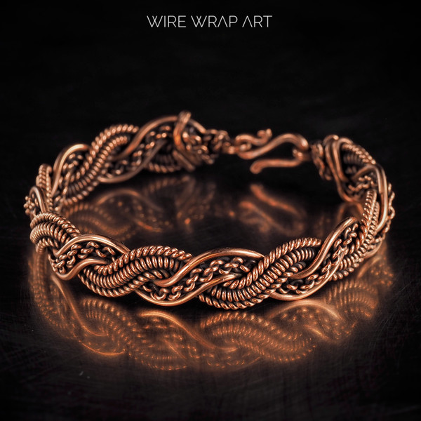 wirewrapart wire wrap art pure copper wire wrapped bracelet bangle handmade wrapping jewelry woven weaved jewellery antique style 7th 22nd anniversary gift her