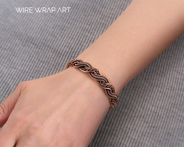 wirewrapart wire wrap art pure copper wire wrapped bracelet bangle handmade wrapping jewelry woven weaved jewellery antique style 7th 22nd anniversary gift her