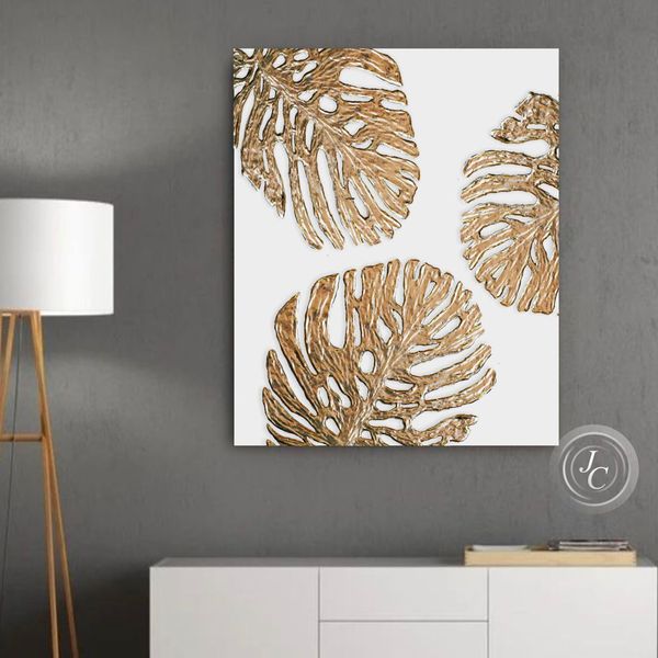 Gold Monstera leaves Painting White and Gold Abstract Wall A - Inspire ...