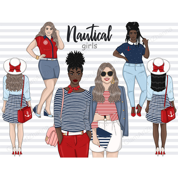 Fashionable girls in marine clothes. African American girls in red and blue sailor clothes. Traveler girls in white and blue and white and red striped dresses a
