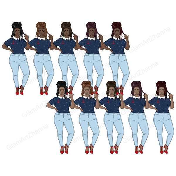 African-American girls with dreadlocks in navy blue T-shirts with a white collar and a print of white dots and a red anchor and blue jeans and red sandals. Girl