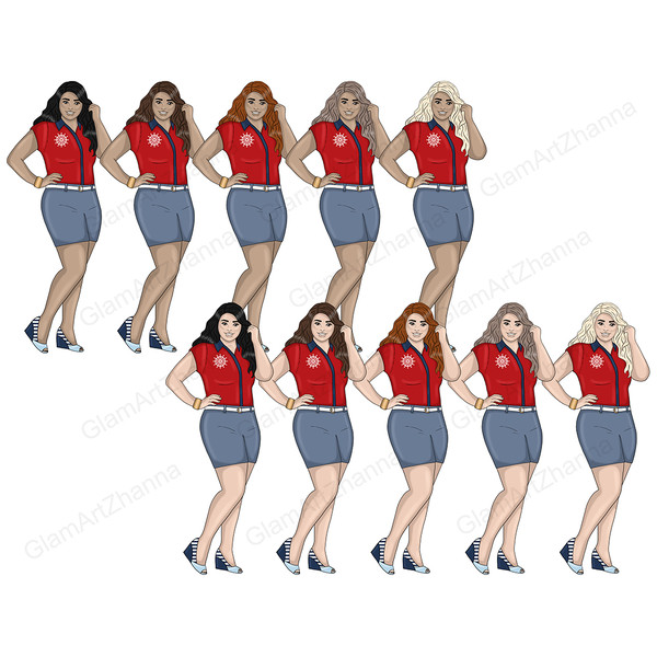 White-skinned plus-size body positive girls in red nautical shirts with a print of a white ship's helm and blue jeans with a white belt and white and blue wedge