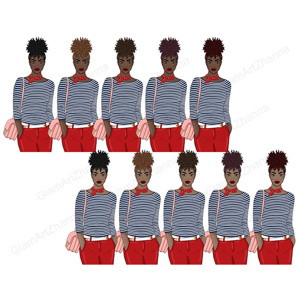 African-American girls in red trendy pants with a white belt, white and blue striped long-sleeved sweatshirts with red scarves tied around their necks and small