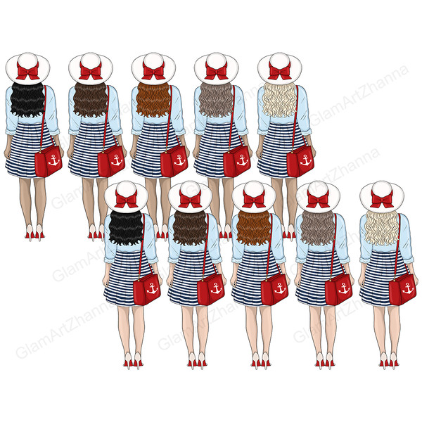 Back view of white-skinned girls in fashionable marine clothes. Girls in white hats with a red bow tied, blue shirts, white and blue striped navy skirts and bei