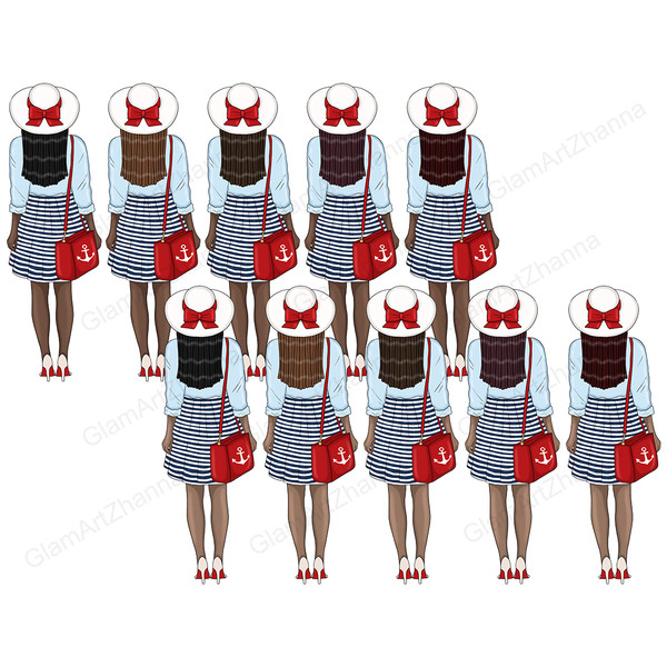 African American girls in fashionable marine clothes rear view. Girls in white hats with a red bow tied, blue shirts, white and blue striped navy skirts and bei