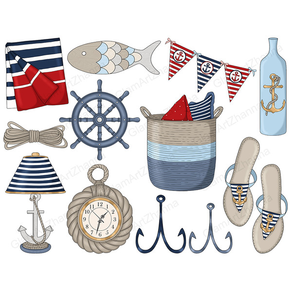 Set of marine items fisherman clipart red and blue. Blue and red striped towel. Fish bait for fishing. Triangular red and blue striped flags garland with anchor