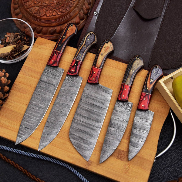 Damascus Steel Chef Knives Set  Kitchen Knife - Camping Cutting Knives