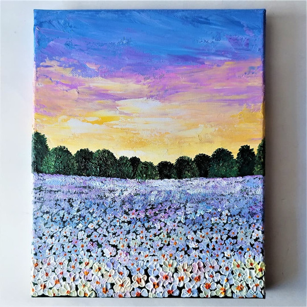 Landscape Painting: Acrylic Mini Canvas Art of a Pink Floral Sunset