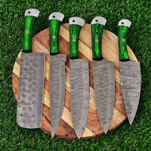 Damascus Steel Kitchen Knife Set, 5 PCS Hand Forged Chef Knife Set With  Leather Roll Kit/Christmas gift/gift for her/kitchen and Dinning