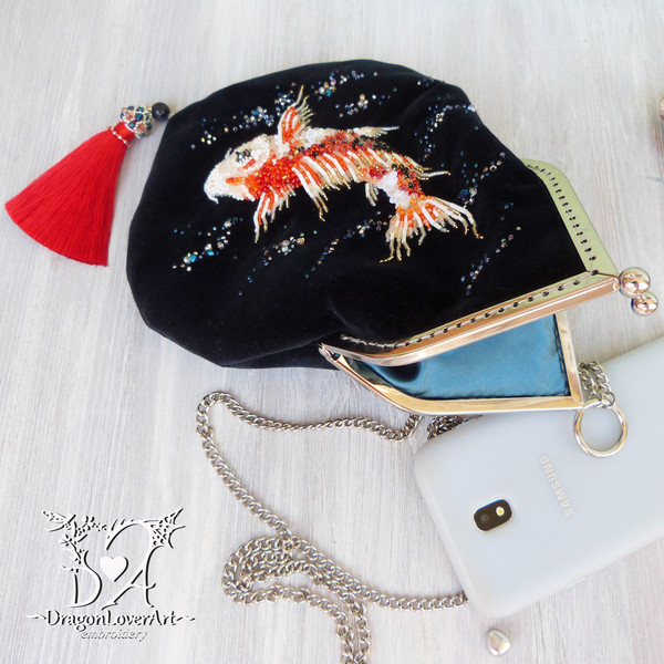 Japanese Koi Fish Embroidery Velvet Mini Bag in Vintage Style - Opt2 Bronze | DragonLoverArt