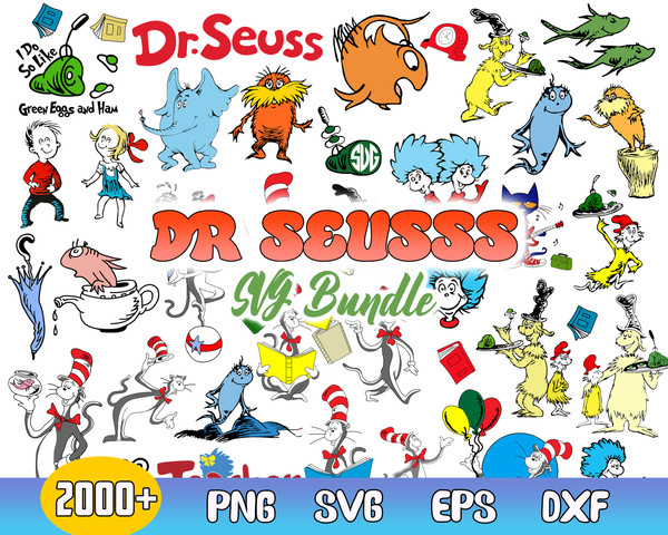 Dr. Seuss Bundle Svg, Dr. Seuss Hat Svg, Cat In The Hat Svg, The Lorax Svg, Instant Download .jpg