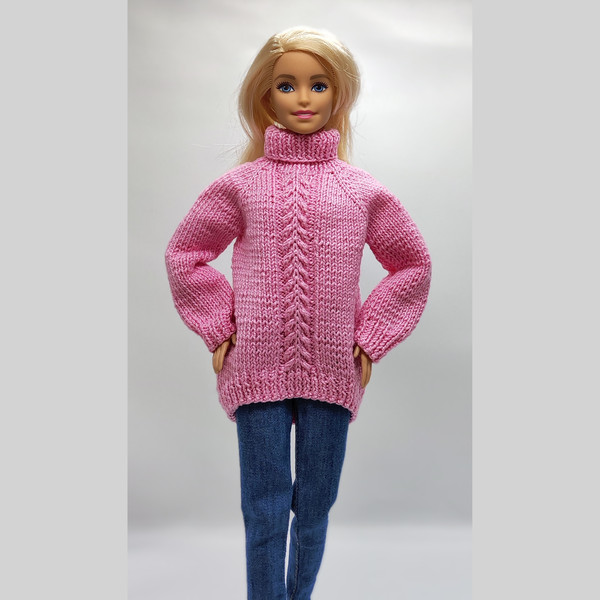 Pink sweater with pattern on the front for Barbie doll. Clothes for Barbie  doll.