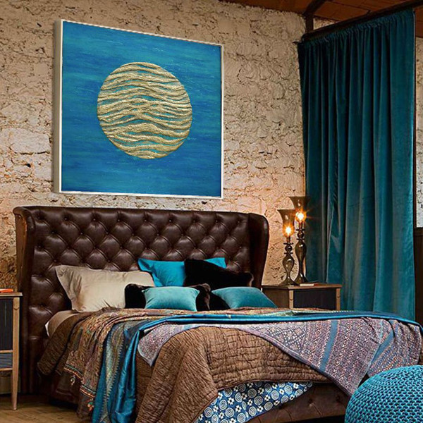 modern-bedroom-decor-above-bed-wall-art-gold-moon-painting-textured-artwork-blue-turquoise-abstract-artwork
