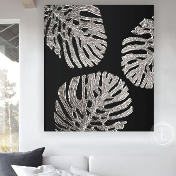 Silver Monstera leaves Painting Black and Silver Abstract Wa - Inspire ...