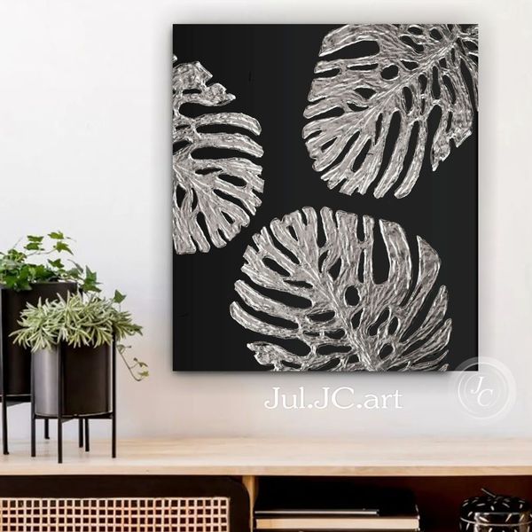 Silver Monstera leaves Painting Black and Silver Abstract Wa - Inspire ...