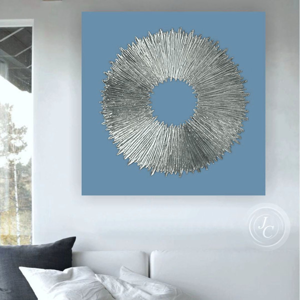 blue-Abstract-painting-with-silver-texture-blue-home-decor
