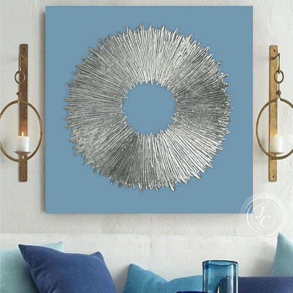 Silver-Sunburst-wall-art-textured-painting-abstract-art-blue-living-room-decor