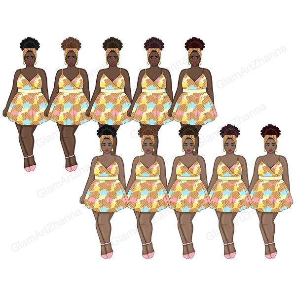 Set of bright summer clipart with girls with ice cream. African American body positive girls in retro dresses with a waffle cup and strawberry, vanilla and choc