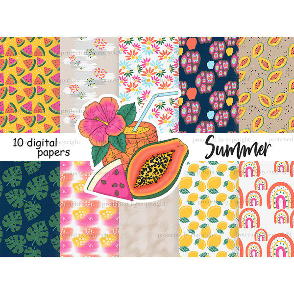 Bright summer tropical bundles of digital papers. Slices of watermelons patterns. Tropical flowers seamless pattern. Cut papaya on a beige background digital ba
