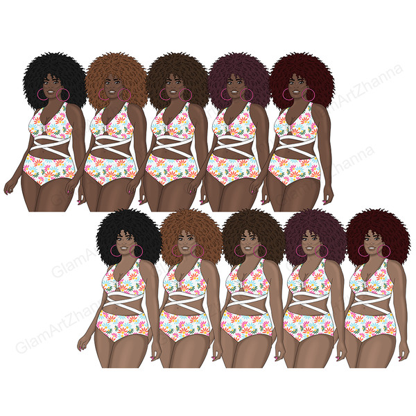 African American plus size body positive fashion girls in white swimwear with tropical print and pink big hoop earrings. Girls have different shades of skin col