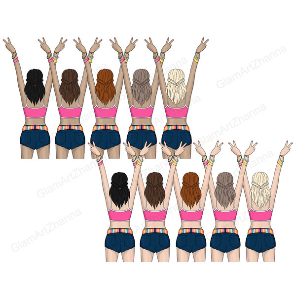 White-skinned fashionable girls in pink tops with white outlines and blue denim shorts with multi-colored belts and bracelets on their arms stand with their han