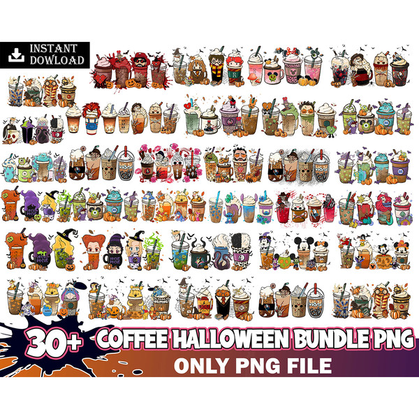 30 Halloween Coffee Png Bundle, Halloween Boo Coffee Png, Villains Latte, Fall latte png, Horror Movie Inspired Coffee, Sublimation design Png Instant Download.