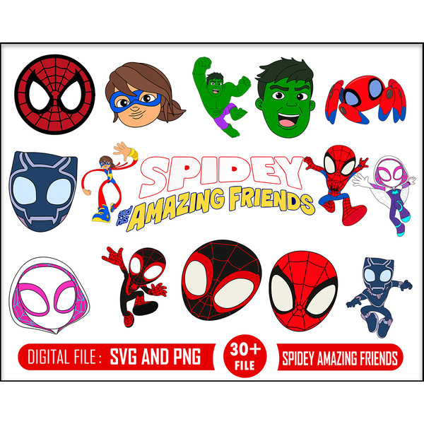 30 Spidey, Amazing Friends svg and png, clipart, eps, png, dxf, pdf, Miles Morales, Spider Gwen, Hulk, Black Panther, Layered digital file.jpg