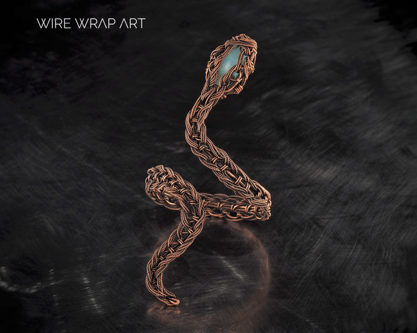 aquamarine snake cuff bracelet for woman copper wire wrapped bangle unique wire work jewelry gift for her wire wrap art jewellery (2).jpeg