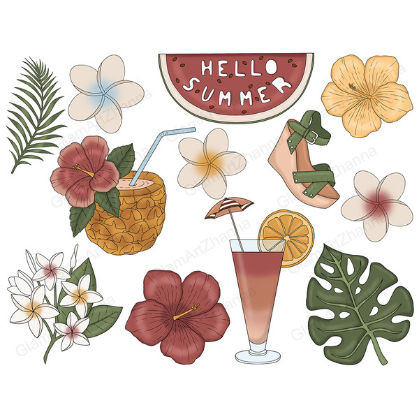 Boho natural summer clipart. A slice of watermelon with the inscription Hello Summer. Yellow and burgundy buds of tropical exotic flowers. White Hawaiian lei fl