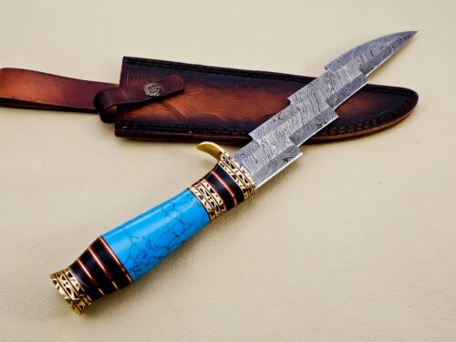 Handcrafted Custom Damascus Steel Hunting Knife with Turquoise Stone & Brass Handle (3).jpg