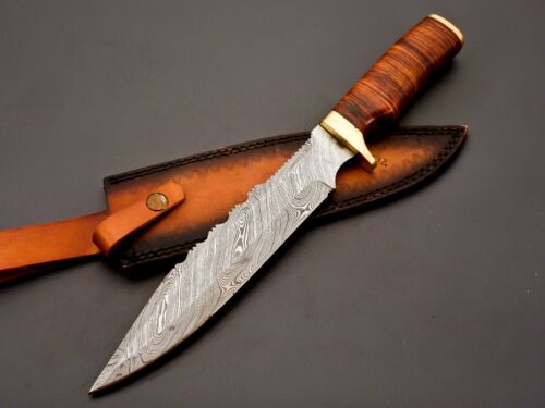 Custom Handmade Damascus Steel Hunting Knife with Brown Resin & Brass Guard Handle (2).jpg