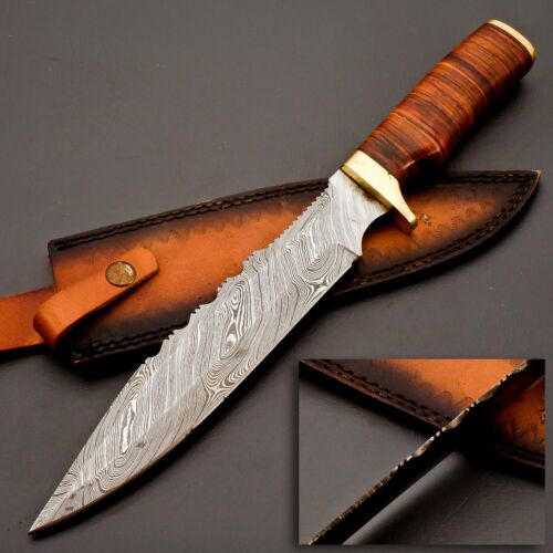 Damascus Knife Hunting Bowie Knife Pro Bone Handle Brass Guard And Pom -  Viking Axe