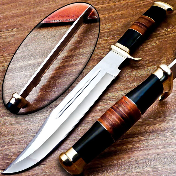 RARE CUSTOM MADE D2 STEEL BLADE 18 BOWIE KNIFE HUNTING KNIFE BRASS BOLSTER.jpg