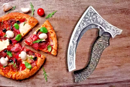 2023 Brand New Solid Creative Wooden Handle Kitchen Tools Small Viking Axe  With Sheath Multi Purpose Stainless Steel Anti Pizza Knife Hot 20%off