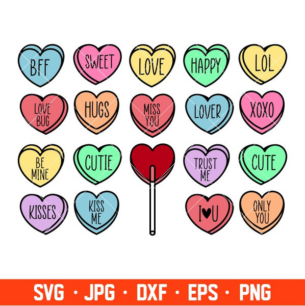 Candy Hearts SVG Valentine Lovers Conversation Hearts SVG Bundle