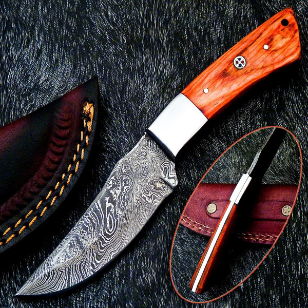 Handmade Damascus Hunting Bowie Knife Wood Handle & Leather - Inspire Uplift