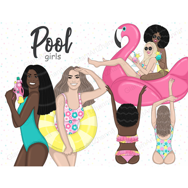 Girls in swimsuits are having fun at the pool party. Girls with cocktails ride on a big pink flamingo float. Afro girl stands with a water gun. The girl stands