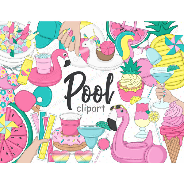 Pool Floats Clipart. Pink flamingo swim ring, Pineapple Swimming Floating Bed, white unicorn float. cake in the shape of a pineapple. Rubber pool full of soda b