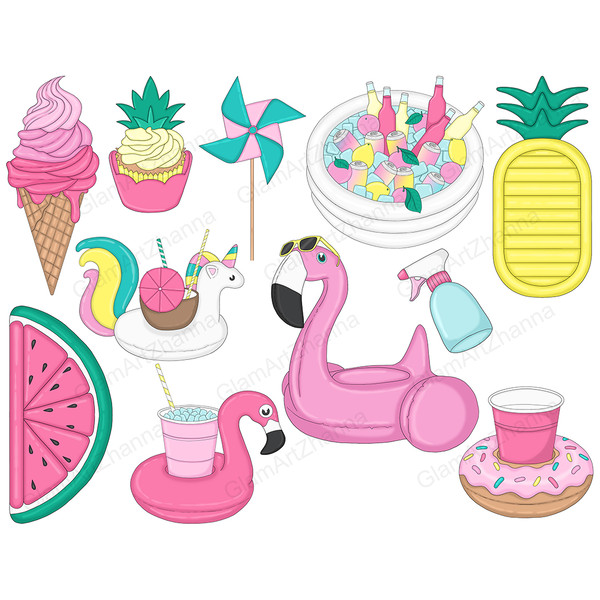 Pool Floats Clipart. Pink flamingo in yellow sunscreen floats, Pineapple Swimming Floating Bed, white unicorn float with coconut cocktail on it. Watermelon slic