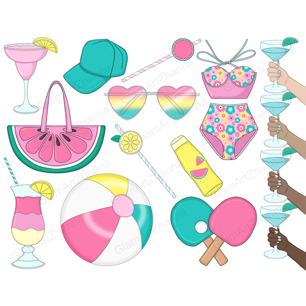 Pool Clipart Bundle. Strawberry margarita cocktail with lemon slice. Green baseball cap. Pink cocktail tube. Women's swimsuit with a print of multi-colored flow