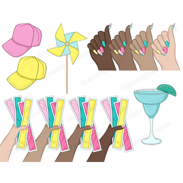 Pool Clipart Bundle. Pink and yellow baseball caps. Yellow-blue pinwheel. Multi-colored summer female manicure. multi-colored inflatable sticks for the pool in