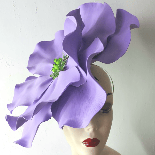 Violet flower Derby fascinator, Wedding fashion headpiece, Cocktail hat, Church hat.jpg