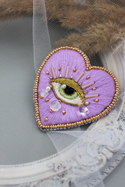 Sacred heart brooch, witch embroidery, heart, evil eye jewel - Inspire  Uplift