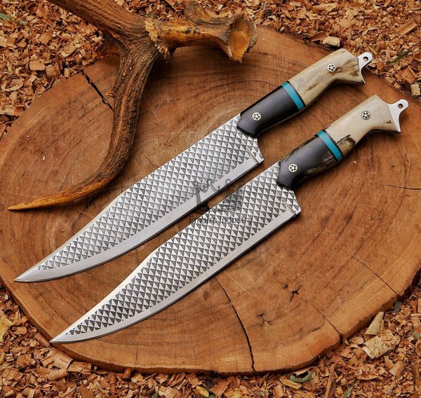 Set Of 2 Handmade High Carbon Steel Chef Knife, Cowboy Knife, Fixed Knife,  Outdoor Knife, With Sheath, Camping Knife