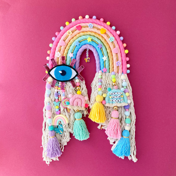 Pastel rainbow wall hanging, Macrame rainbow with evil eye, - Inspire Uplift