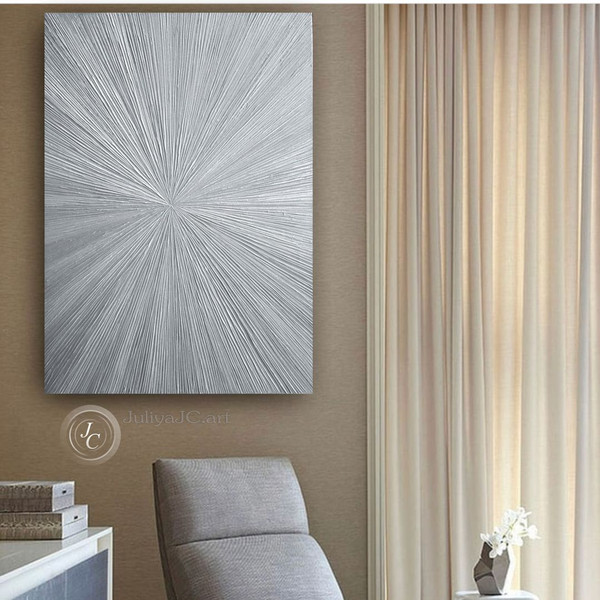 Silver-rays-abstract-painting-modern-wall-decor-shiny-silver-textured-art