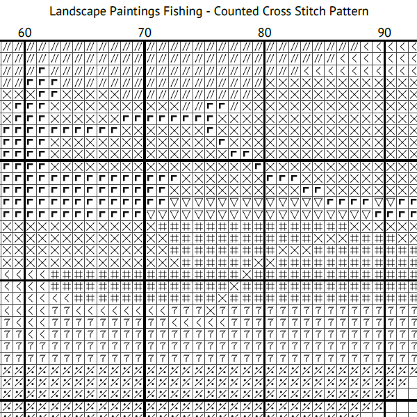 Landscape Painting Fishing Counted Cross Stitch Pattern Black & White Symbols 600 x 600.png