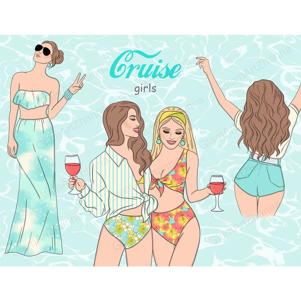 Summer fashion girls best friends with glasses of wine stand on the background of the sea in an embrace. A girl in a blue dress and black sunglasses shows V. A