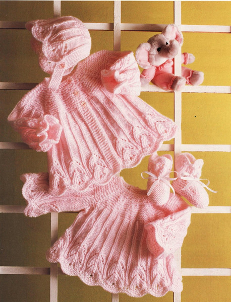 Baby's lacy panel dress, coat, bootees and bonnet knitting pattern.jpg